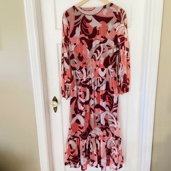 Tiered Midi Dress S Wine Burgund Multi print long sleeve boho peasant cottage - Picture 13 of 15